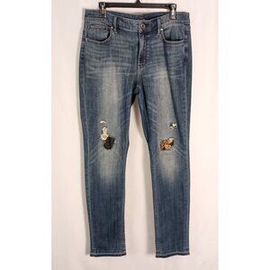 WHBM The Slim Distressed Release Hem Jeans Size 12 Stretch Blue Denim